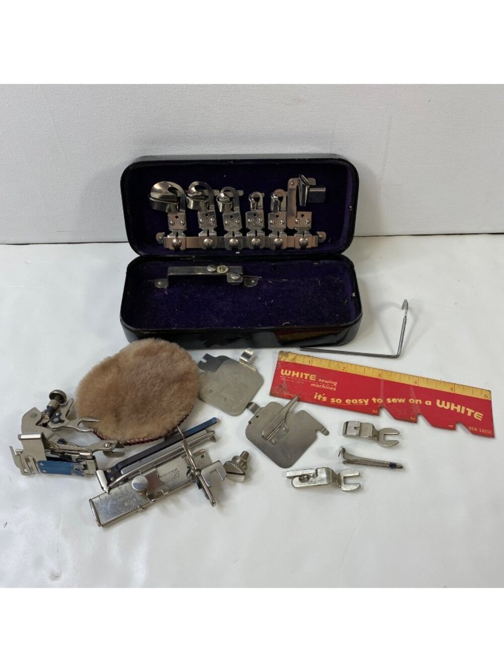 Vintage White Family Rotary Sewing Machine Attachments Tin Case Greist